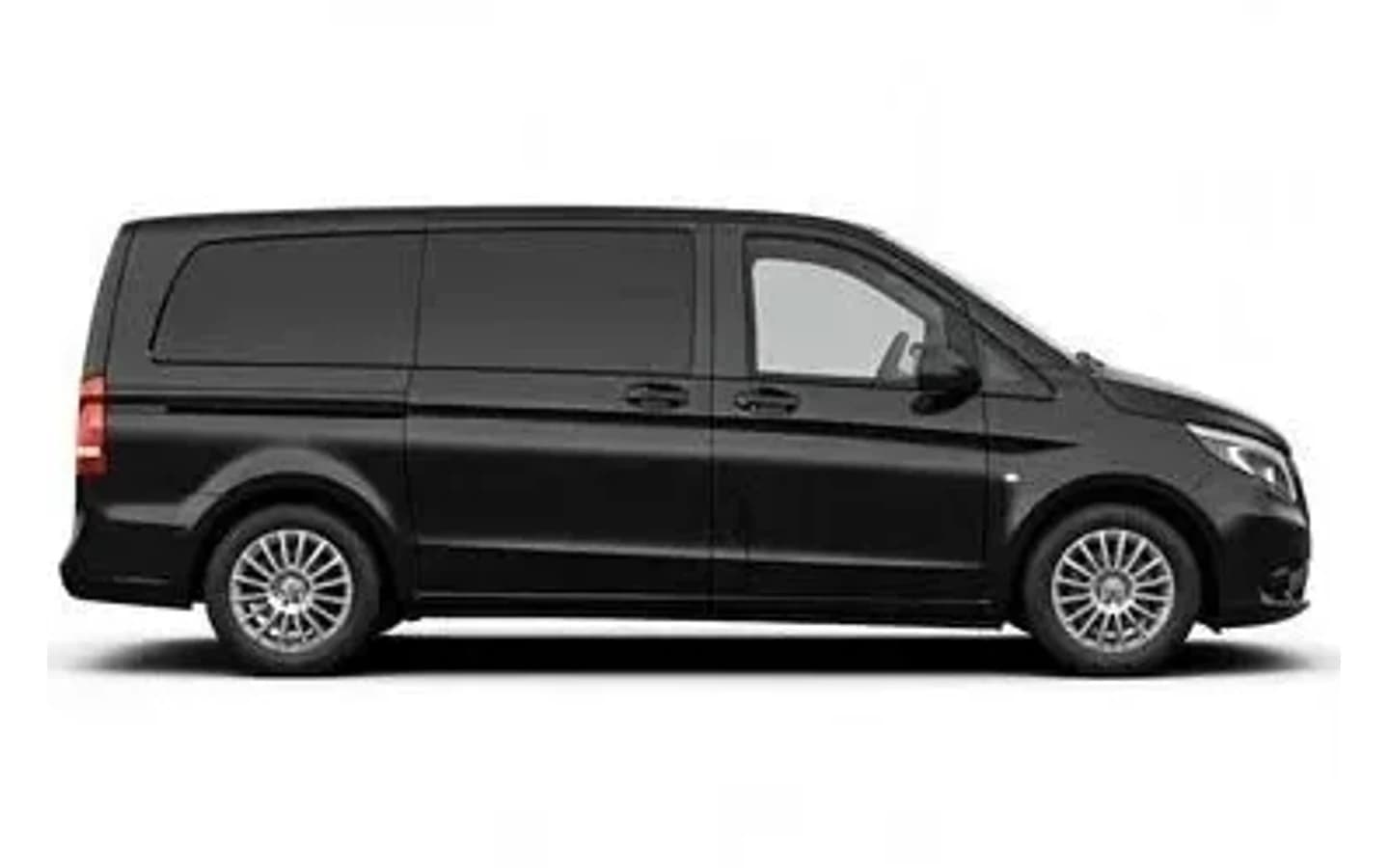 This black Mercedes-Benz Vito VIP on a white background is a Kundu hotels taxi for six passengers and six suitcases.