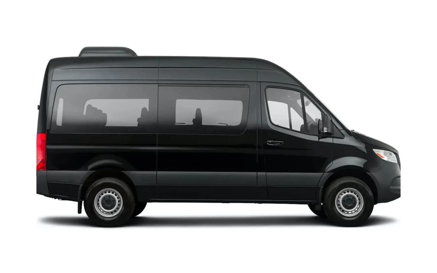 This black Mercedes-Benz Sprinter on a white background provides a comfortable transfer to Lara hotels for thirteen passengers.