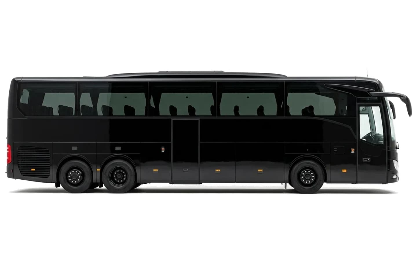 A black Mercedes-Benz Tourismo on a white background provides a comfortable transfer to Lara hotels for up to 45 passengers.