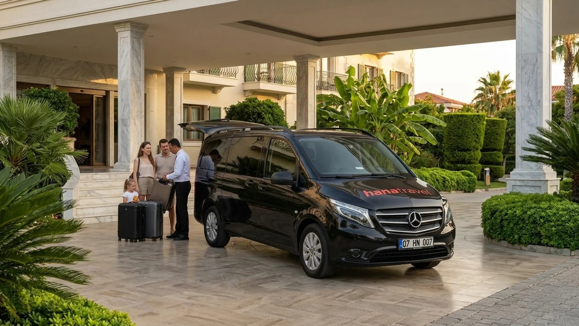 Driver lifting suitcases out of the Hana Travel van under the portico of a grand beach resort after a transfer to Kundu hotels