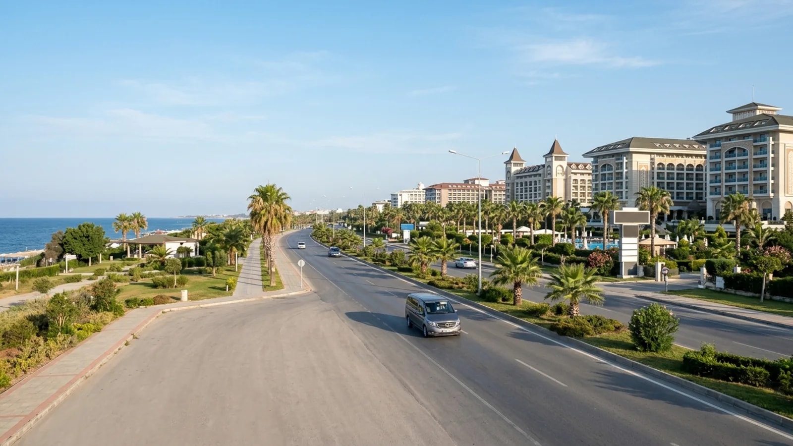 Airport transfer to Delphin Be Grand Resort Private van from Antalya Airport pulling up at Delphin Be Grand Resort in Kundu